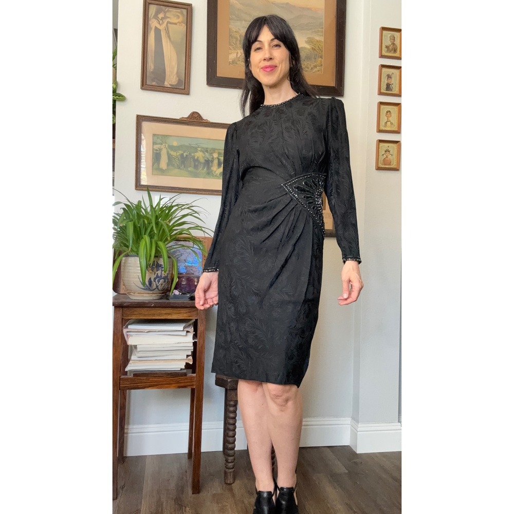 Vintage 80s 90s d'ore Black Silk Jacquard Peacock Beaded Sequin Midi Dress 6 - Picture 2 of 8